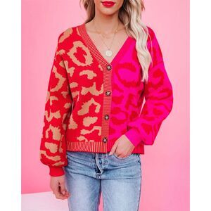 Animal Print Knit Button Cardigan Sweater Women M Pink Red Cheetah V Neck Loose